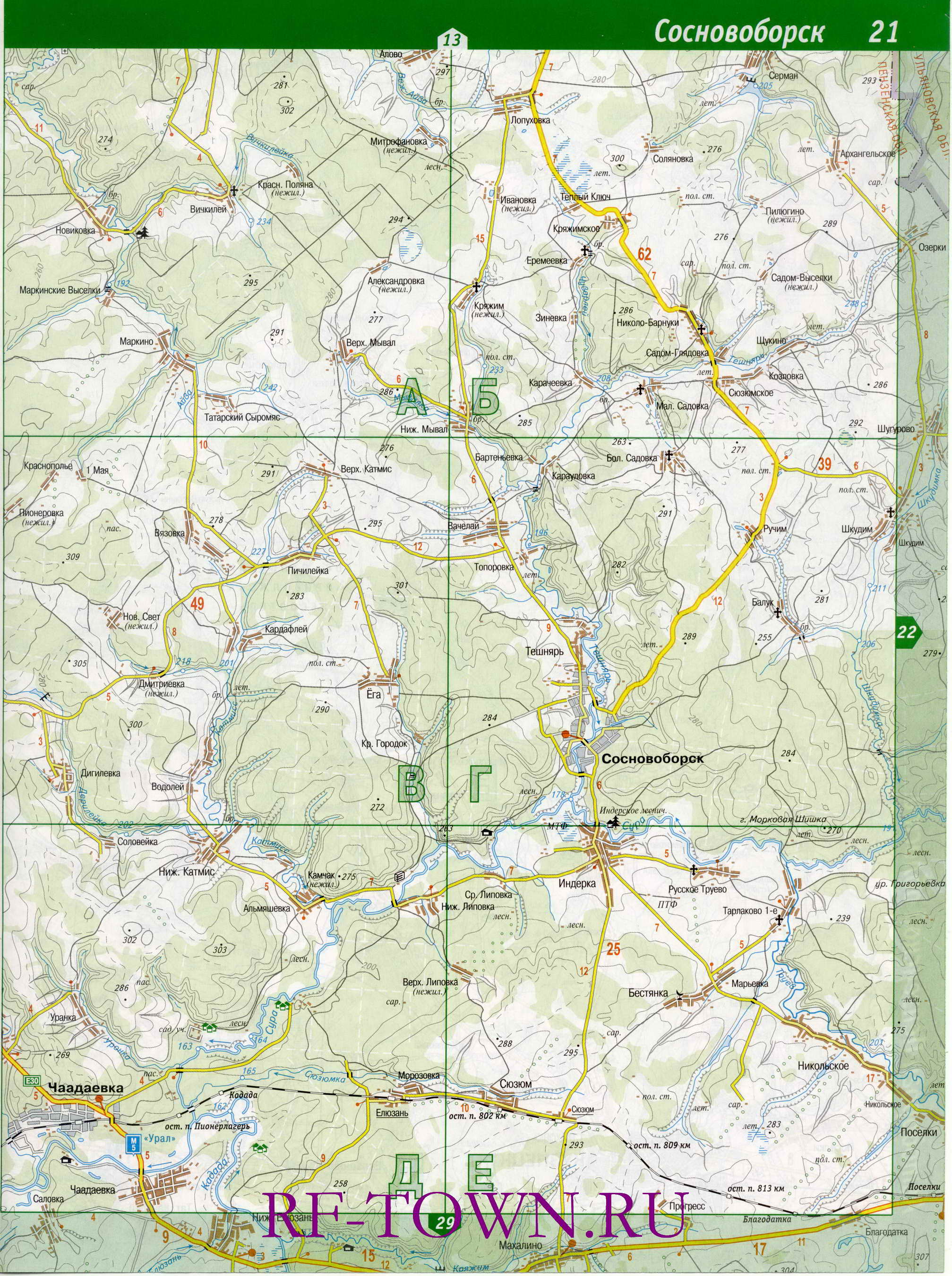 Карта Городищенского района. Подробная топографическая карта - Городищенский район Пензенской области, B0 - 