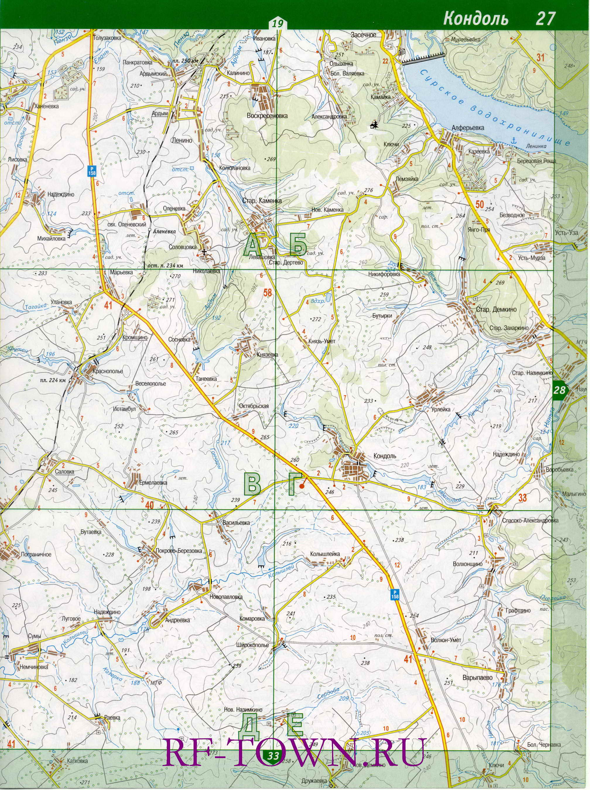 Карта Колышлейского района. Большая топографическая карта - Колышлейский район Пензенской области, B0 - 