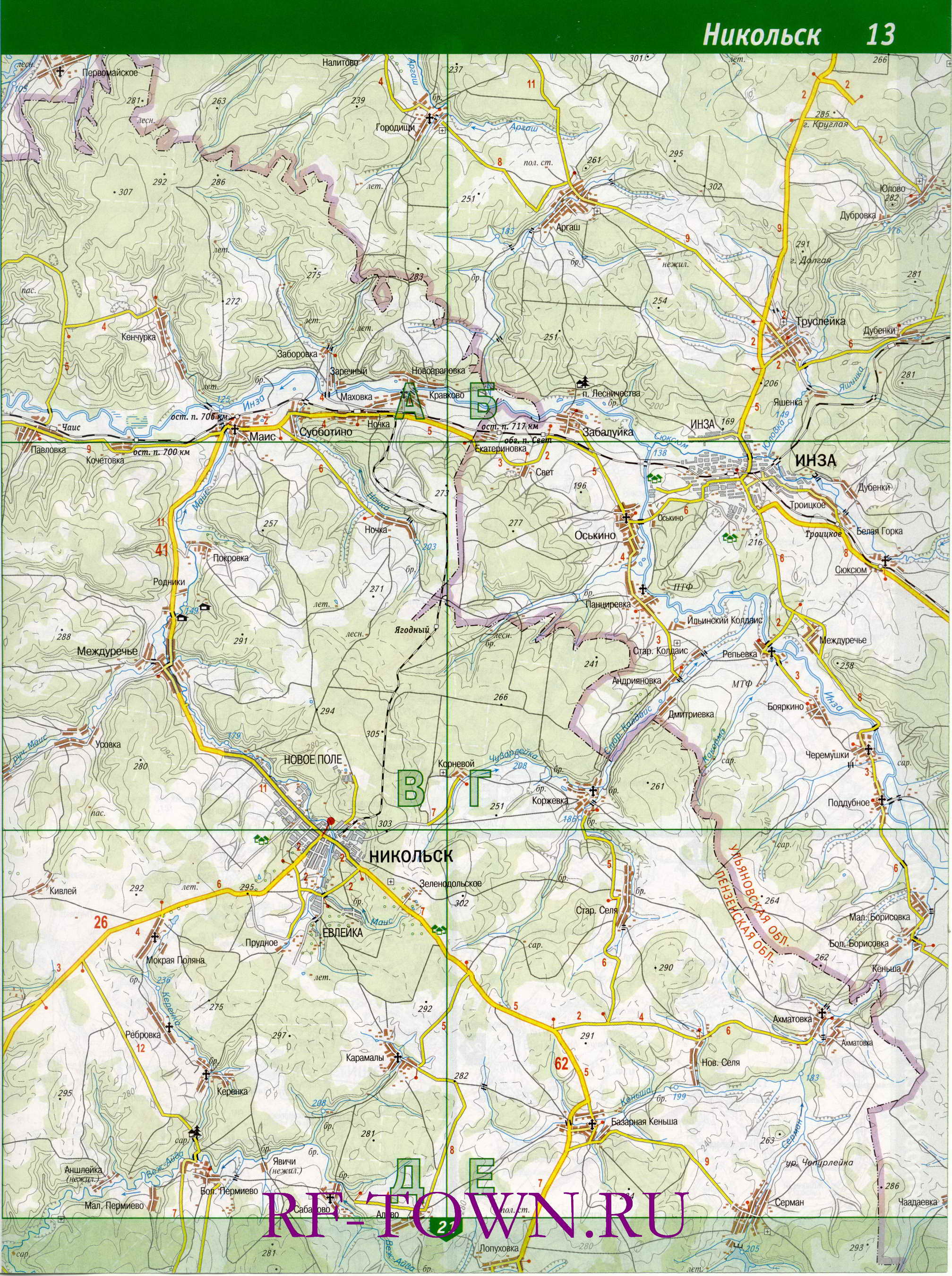 Карта Никольского района. Топографическая карта - Никольский район Пензенской области, B0 - 